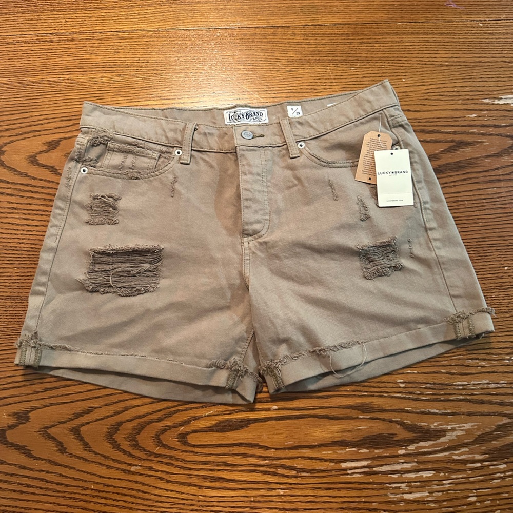 Lucky Brand Olive Green Jean Shorts Distressed Mid-Length
